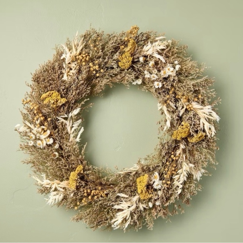 Hearth & Hand Preserved 21” Wreath -Natural Dried Foliage, Yellow/Cream Flowers